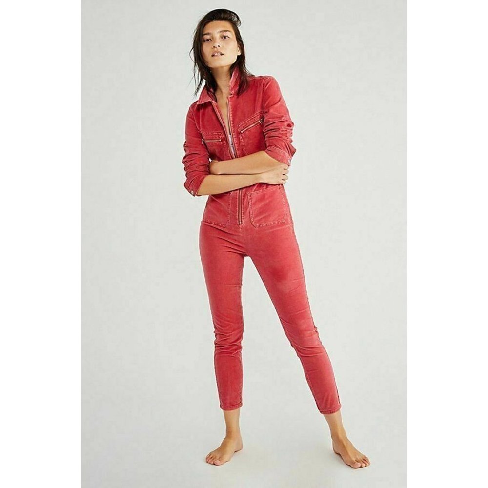Free People Lennox Cord Jumpsuit Fitted Stretch Coverall Red Berry Size L New